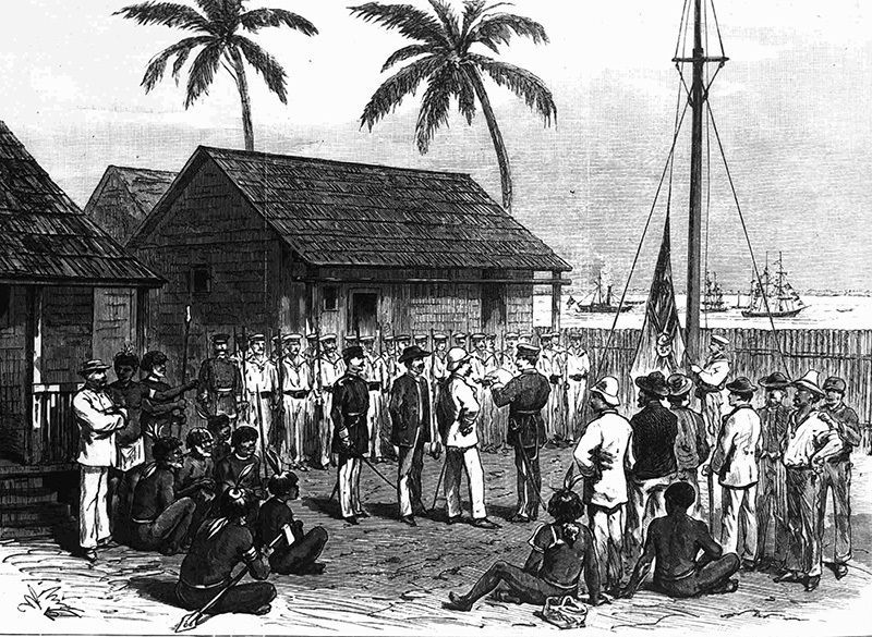 ​Газетная иллюстрация церемонии германской аннексии острова Миоко в 1884 году wikimedia.org - Каролинский кризис 1885 года: чехарда вокруг флага | Warspot.ru