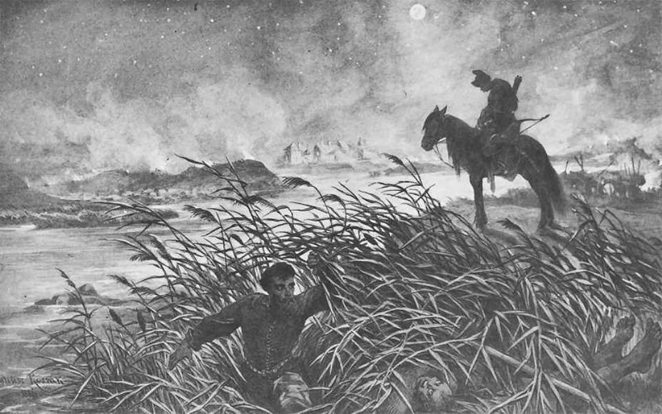 ​Переправа Скшетуского. Иллюстрация Юлиуша Коссака к роману Генрика Сенкевича «Огнём и мечом». wiki2.org - Второе лето Хмельниччины: Зборовская битва | Warspot.ru