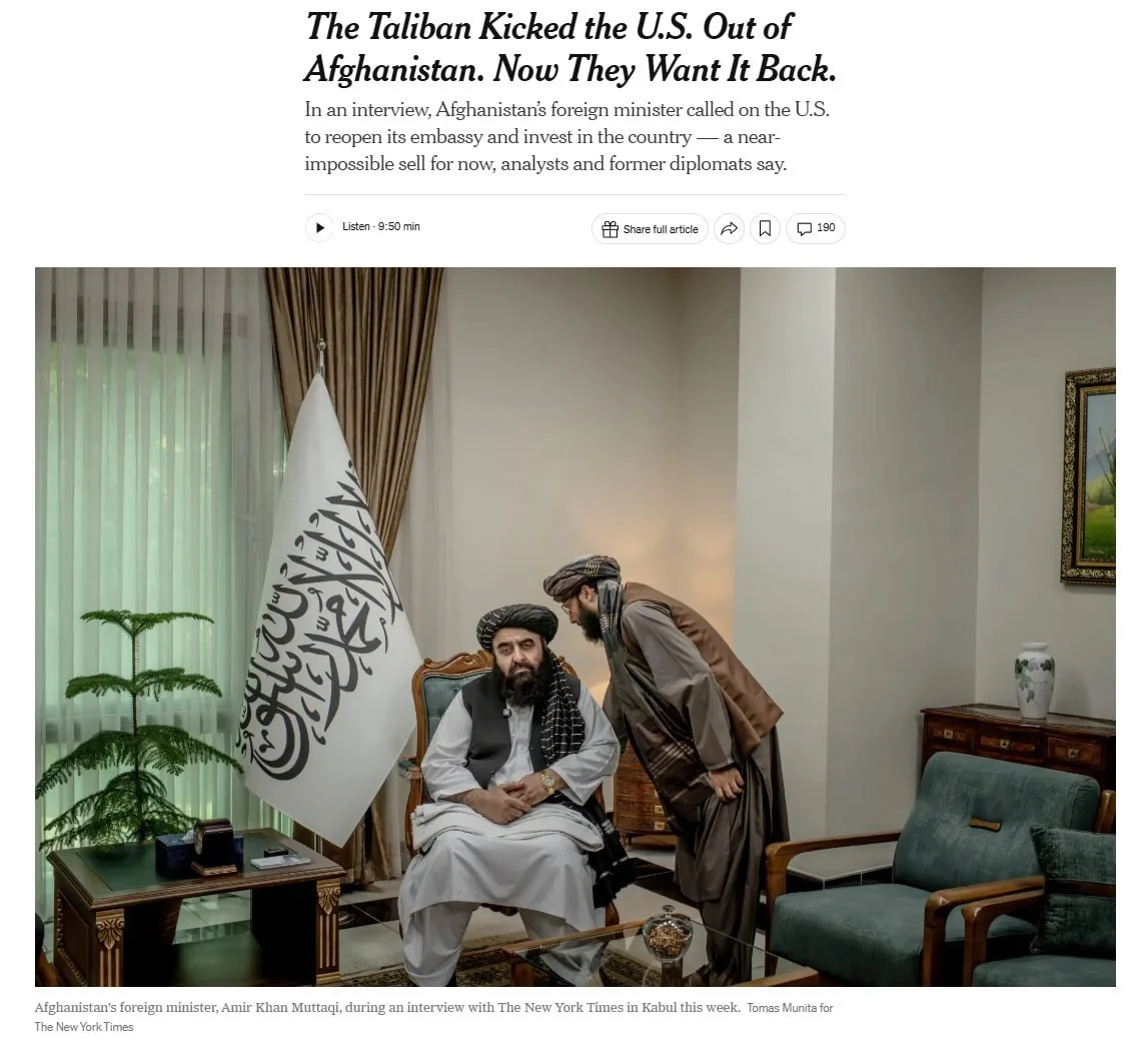 New York Times сообщает, что талибы активно призывают Штаты обратно в Афганистан