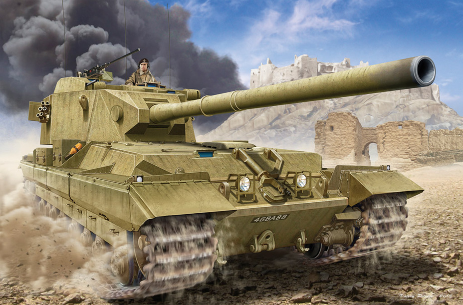​FV215 Heavy Anti-Tank SP No.2 в представлении художника Валерия Петелина. Эта картинка находится на обложке коробки для модели японской фирмы Amusing Hobby, которая не нашла ничего умнее, чем без разрешения взять за основу игровую модель из World of Tanks. Японцы бездумно скопировали все ошибки игровой модели: лобовая часть башни САУ планировалась как литая, а её рубленые формы в игре связаны с лимитом по полигонам и недостатком информации на момент создания - Британский исполин: противотанковая 183-мм САУ FV4005 | Военно-исторический портал Warspot.ru