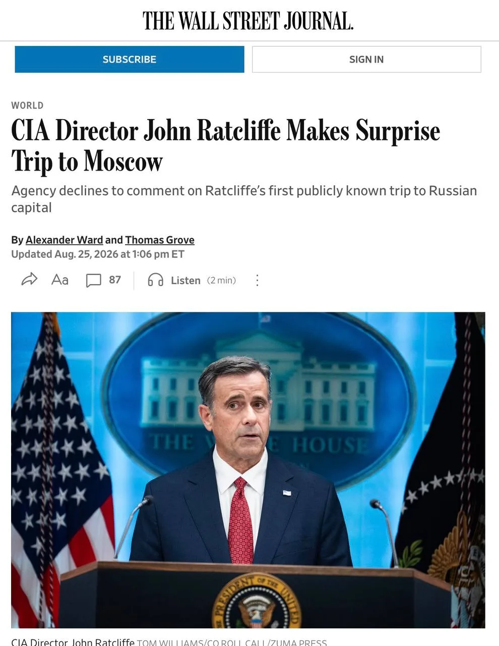 Wall Street Journal обнаружили «объяснение» внезапному визиту главы ЦРУ в Москву — якобы Джон Рэтклифф летел предупреждать Путина из-за «готовящейся мобилизации»