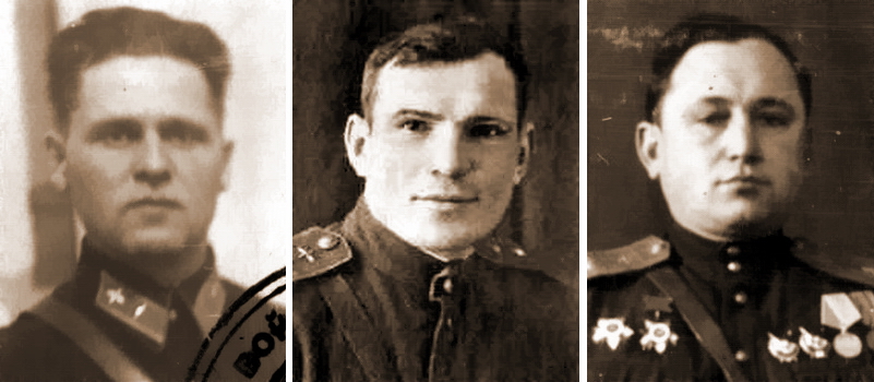 ​Лётчики 3-го ТБАП: ведущий группы в вылете 30 июня командир 3-й эскадрильи Георгий Васильевич Прыгунов, второй пилот Андрей Семенович Корень, заместитель командира 3-й эскадрильи Иван Петрович Красиев (фото разных лет) - Живые и мёртвые в небе над Бобруйском | Военно-исторический портал Warspot.ru