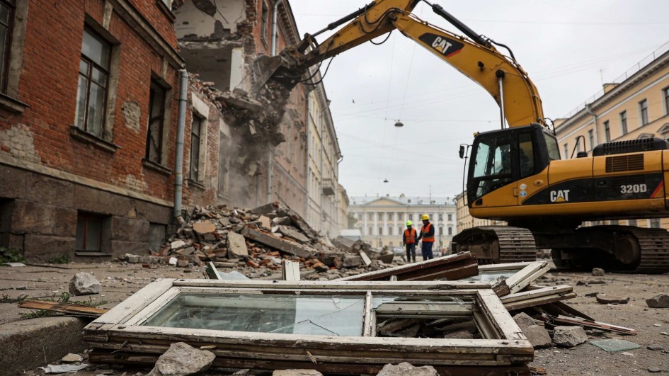 Экскаватор уничтожает исторический дом ради новой транспортной развязки в Петербурге