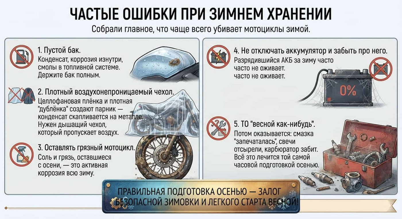 Как правильно подготовить мотоцикл к зимнему хранению: советы и распространённые ошибки
