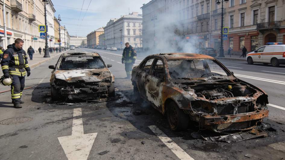 Два автомобиля вспыхнули после аварии на Институтском проспекте в Петербурге